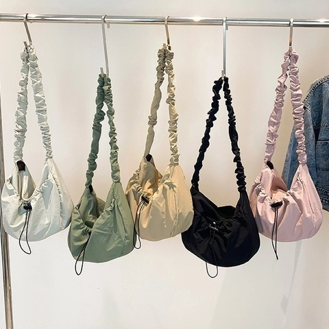 Mode Grote Capaciteit Tote Bag Geplooide Schouderband Trekkoord Canvas Schoudertas Voor Zomer Casual Dagelijks Vrouwen