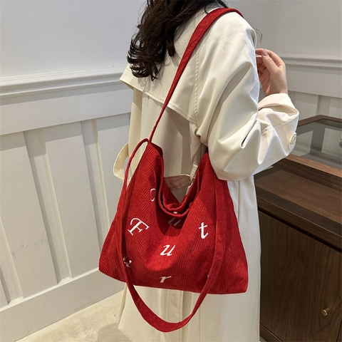 Borsa Tote in Velluto a Coste da Donna Grande Capacità Casual Street Style Ricamata Borsa a Spalla per Studenti Scuola