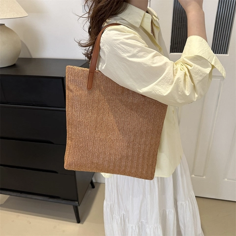 Damen Sommer Gewebte Umhängetasche Minimalistische Stroh Totebag Lässige Strandhandtasche Urlaub Tägliches Einkaufen