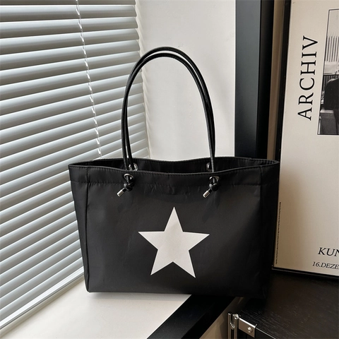 Sac Cabas en Toile de Grande Capacité Motif Étoile Sac à Épaule Femme Sac de Courses Décontracté Streetwear Minimaliste Sac à Main Mode