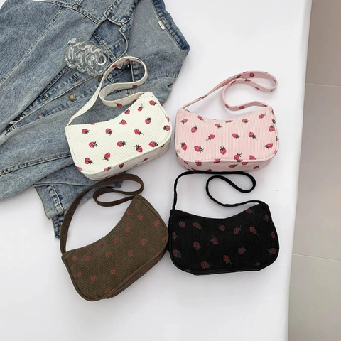 Borsa Sottobraccio in Velluto a Coste da Donna con Stampa a Fragola Piccola Stile Dolce Fresco Borsa a Spalla con Cerniera per Streetwear Quotidiano