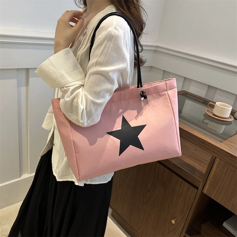 Sac Cabas en Toile de Grande Capacité Motif Étoile Sac à Épaule Femme Sac de Courses Décontracté Streetwear Minimaliste Sac à Main Mode