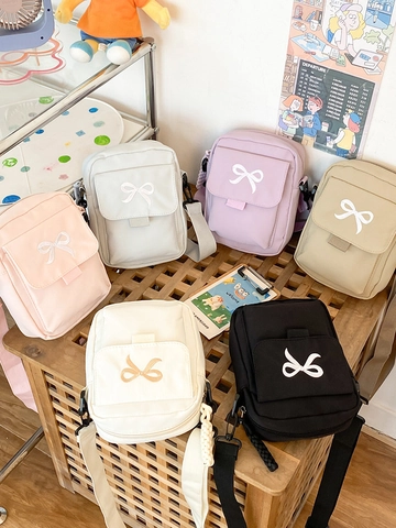 Borsa a Tracolla in Nylon con Ricamo Fiocco Carino Stile Giapponese per Donna Studente Mori Girl Semplice Piccola Borsa Quadrata da Pendolare