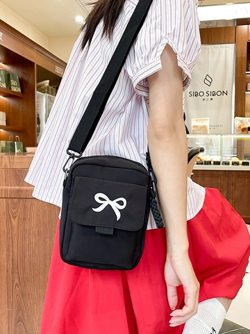 Borsa a Tracolla in Nylon con Ricamo Fiocco Carino Stile Giapponese per Donna Studente Mori Girl Semplice Piccola Borsa Quadrata da Pendolare