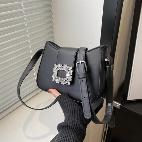 Women PU Leather Underarm Shoulder Bag Luxury Rhinestone Square Buckle Moon Shaped Commuter Casual Chic Elegant Moon Handbag