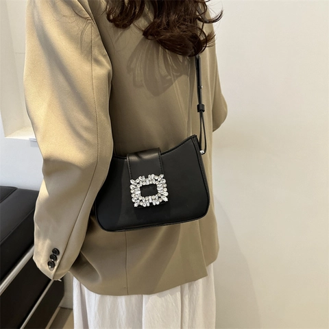 Women PU Leather Underarm Shoulder Bag Luxury Rhinestone Square Buckle Moon Shaped Commuter Casual Chic Elegant Moon Handbag