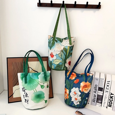 Borsa Tote in Tela da Donna Stile Cinese Stampa Floreale Loto Borsa a Secchiello Casual Shopper Letteraria