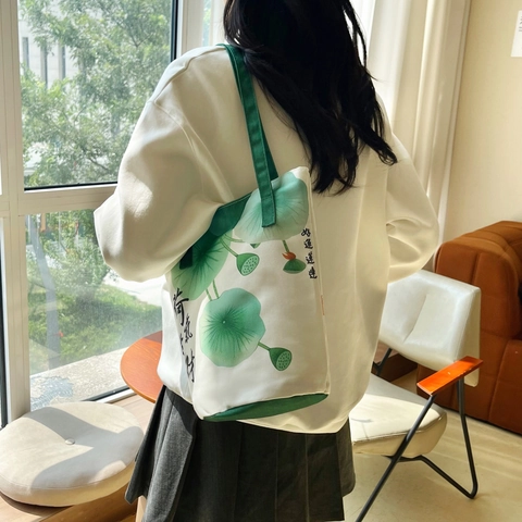 Borsa Tote in Tela da Donna Stile Cinese Stampa Floreale Loto Borsa a Secchiello Casual Shopper Letteraria