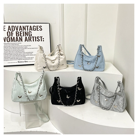 Dames Mode PU Leer Geplooide Schoudertas Met Vlinder Bedeltje Metalen Ketting Rits Hobo Tas Casual Crossbody Tas