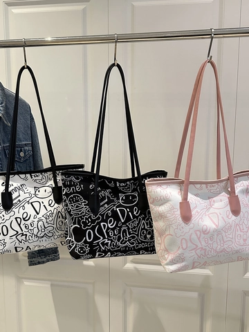 Borsa Tote in Tela Graffiti Casual da Donna Grande Capacità con Stampa Lettere Borsa a Spalla Street Style per Shopping