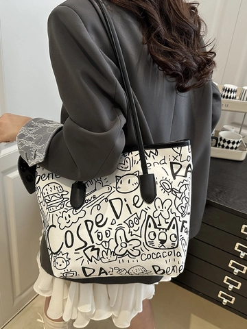 Borsa Tote in Tela Graffiti Casual da Donna Grande Capacità con Stampa Lettere Borsa a Spalla Street Style per Shopping