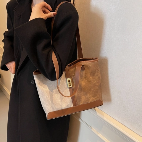 Γυναικεία Vintage Τσάντα Tote από Δέρμα PU Μεγάλη Χωρητικότητα Χρωματικές Αντιθέσεις Ραφές Τσάντα Ώμου Casual Μόδα Γραφείου