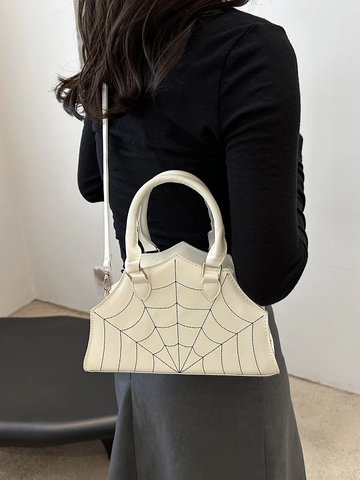 Women Fashion PU Leather Shoulder Bag Unique Spider Web Stitching Large Capacity Tote Gothic Halloween Party Crossbody Bag Purse