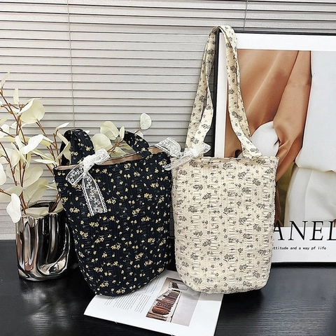 Sac Cabas Imprimé Floral pour Femmes Polyester Seersucker Sac à Épaule Avec Noeud en Dentelle Sac à Main Mode Rétro Décontracté