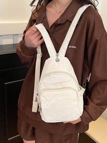 Mini Zaino da Donna in Stile Coreano Semplice Texture Pieghettata in Pelle PU Borsa da Petto Multi Cerniera Casual Borsa a Tracolla