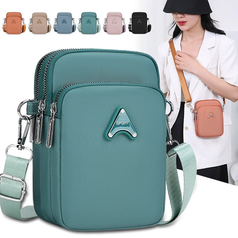 Borsa a Tracolla Mini in Tessuto Oxford da Donna con Cerniera Multistrato Borsa per Cellulare Quadrata Verticale Tinta Unita