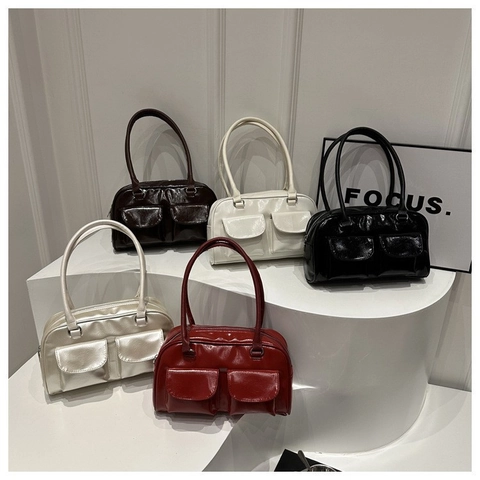Bolso de Hombro de Cuero PU Brillante Retro para Mujer Bolso de Axila Moda Viaje Diario Con Bolsillos Delanteros Dobles Color Sólido Bolso de Mano Cuadrado Pequeño