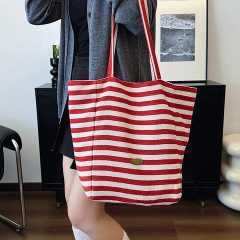 Women Striped Canvas Tote Bag Large Capacity Casual Shoulder Bag Handbag With Contrast Lining For Shopping Vacation