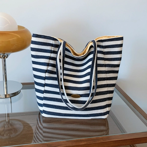 Women Striped Canvas Tote Bag Large Capacity Casual Shoulder Bag Handbag With Contrast Lining For Shopping Vacation