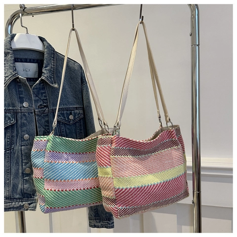 Women's Woven Contrast Stripe Shoulder Bag Canvas Korean Style Casual Tote Bohemian Vacation Underarm Bag Fashion Handbag
