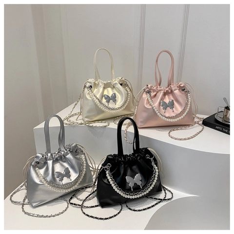 Sac Seau à Cordon Papillon Pour Femmes Cuir PU Souple Chaîne de Perles Sac à Épaule Sac à Main Bandoulière Polyvalent Pour Mode Quotidienne