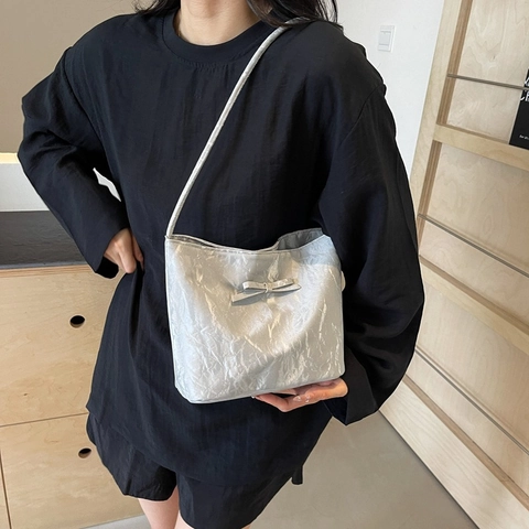 Women Korean Style Bow Shoulder Bag PU Leather Crinkled Underarm Tote Bag Fashion Minimalist Casual Commuting Handbag