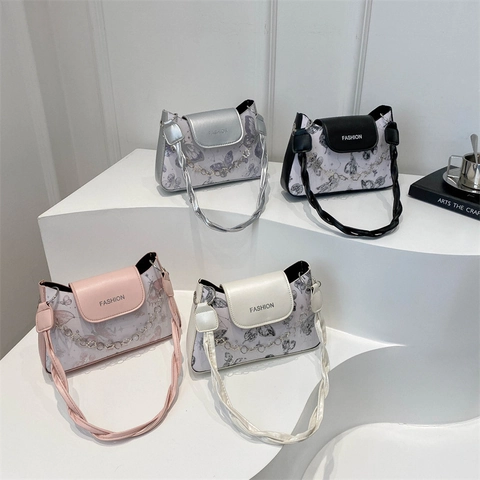Damen Mode Schmetterlingsdruck Umhängetasche Koreanische Retro PU Leder Kleine Quadratische Achseltasche Mit Metallkette Handtasche