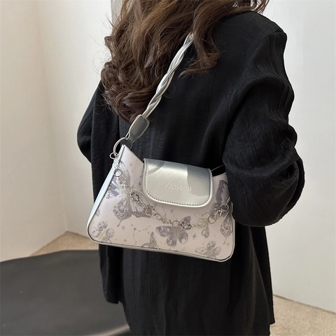 Damen Mode Schmetterlingsdruck Umhängetasche Koreanische Retro PU Leder Kleine Quadratische Achseltasche Mit Metallkette Handtasche