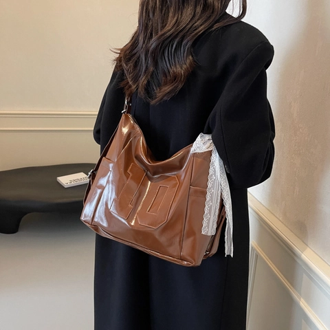 Borsa Shopping in Pelle PU Lucida di Grande Capacità con Design Numero 10 e Nastro in Pizzo Bianco per Donna Borsa a Spalla