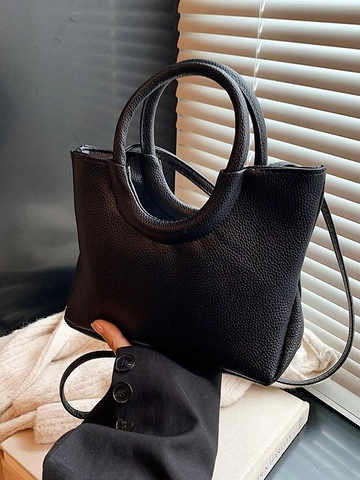 Minimalistische PU Leder Handtasche Mit Lychee Maserung Für Damen Vintage Ring Griff Eimertasche Urban Einfache Umhängetasche