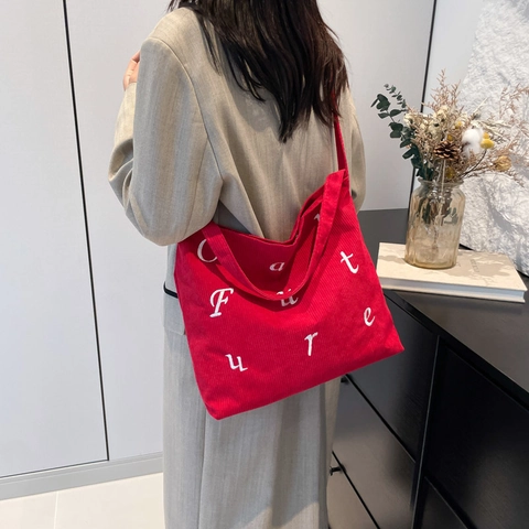 Sac Tote en Velours Côtelé pour Femmes Grande Capacité Brodé Lettres Rétro Décontracté Sac à Épaule pour École Trajet Mode
