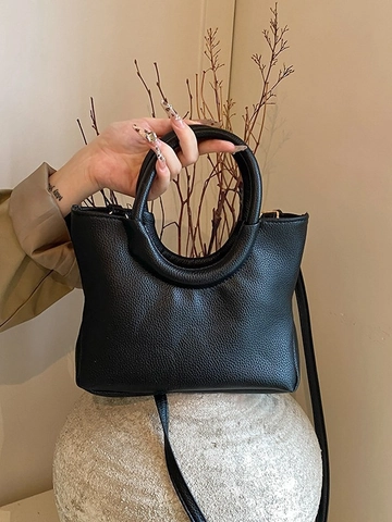 Minimalistische PU Leder Handtasche Mit Lychee Maserung Für Damen Vintage Ring Griff Eimertasche Urban Einfache Umhängetasche