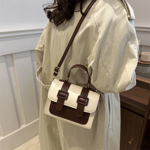 Bolso de Hombro Cuadrado Pequeño de Cuero PU Moda Mujer Bolso de Mano Retro Color Contraste Doble Hebilla Cruzado