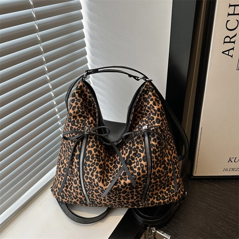 Damen Leopard Muster PU Leder Tragetasche Große Kapazität Umhängetasche Mit Reißverschluss Schleife Mode Daily Street Handtasche