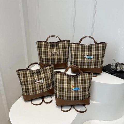 Borsa Tote Plaid Retrò Britannica Ricamo Bassotto Cartoon Grande Capacità PU Pelle Patchwork Borsa a Spalla per Donna