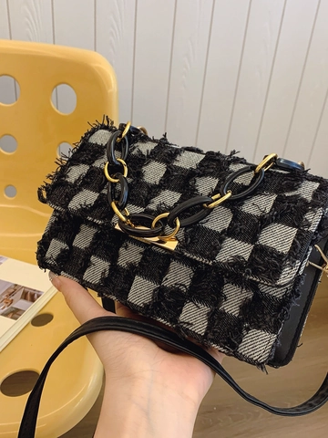 Women's Checkerboard Canvas Shoulder Bag Fashion Small Square Crossbody Bag With Chain Strap Fringe Detail Daily Casual Purse