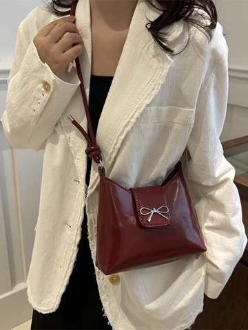 Women Underarm Shoulder Bag PU Leather Bowknot Minimalist Retro Small Square Crossbody Bag Solid Color Daily Fashion