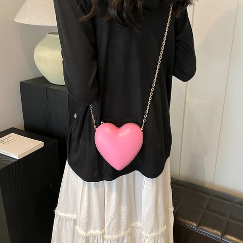 Borsa a Spalla Mini da Donna a Forma di Cuore Pelle PU Tracolla a Catena in Metallo Borsa a Tracolla Dolce Chic Tinta Unita Borsa a Scatto
