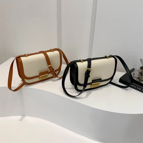 Women's Retro Canvas PU Leather Shoulder Bag Contrast Color Flap Crossbody Saddle Bag With Gold Metal Lock Fashion Small Square Handbag