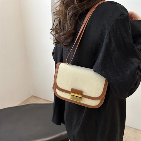 Women's Retro Canvas PU Leather Shoulder Bag Contrast Color Flap Crossbody Saddle Bag With Gold Metal Lock Fashion Small Square Handbag