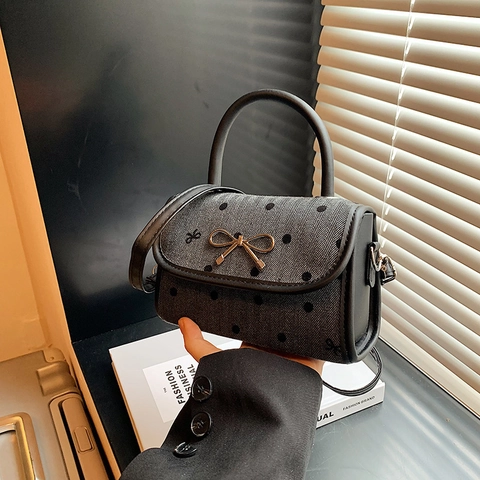 Borsa a Tracolla da Donna in Stile Coreano con Fiocco Piccola Borsa Quadrata in Pelle PU e Tessuto Pois Cuore Borsa a Mano