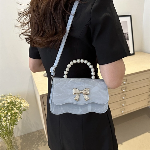 Borsa a Spalla da Donna in Stile Coreano con Manico in Perla Elegante Fiocco in Pelle PU Tracolla Mini Handbag Trama di Marmo