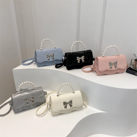 Borsa a Spalla da Donna in Stile Coreano con Manico in Perla Elegante Fiocco in Pelle PU Tracolla Mini Handbag Trama di Marmo