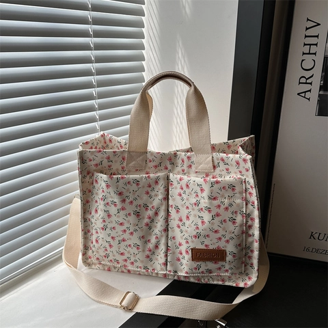 Damen Blumen Canvas Tote Bag Große Kapazität Lässige Umhängetasche Koreanischer Stil Tägliche Handtasche Mit Verstellbarem Gurt