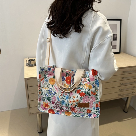 Damen Blumen Canvas Tote Bag Große Kapazität Lässige Umhängetasche Koreanischer Stil Tägliche Handtasche Mit Verstellbarem Gurt