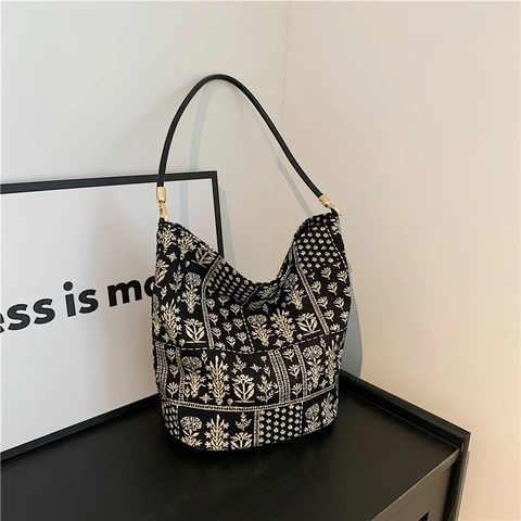 Borsa a Tracolla Vintage con Stampa Floreale da Donna in Tessuto Grande Capacità Stile Etnico Retrò Borsa a Mano