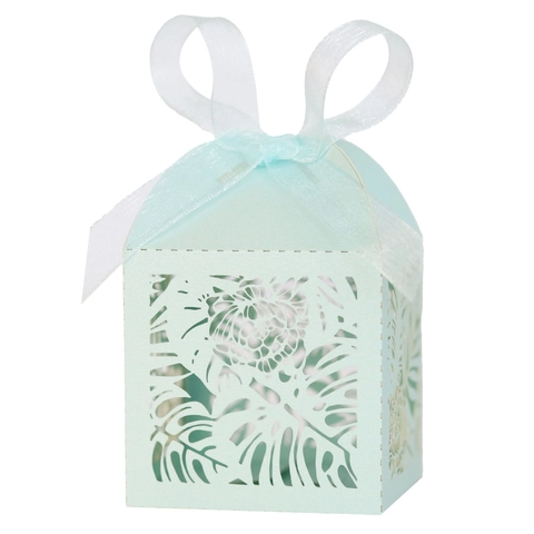 Laser Cut Tropical Leaf Favor Box Hollow Paper Candy Box With Ribbon Bow For Wedding Party Thanksgiving Gift Packaging