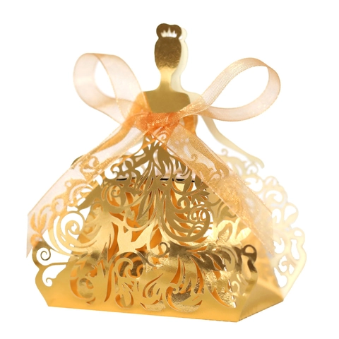 Scatole per Bomboniere a Forma di Abito da Principessa Taglio Laser Scatole di Carta Traforate per Caramelle con Nastro Matrimonio
