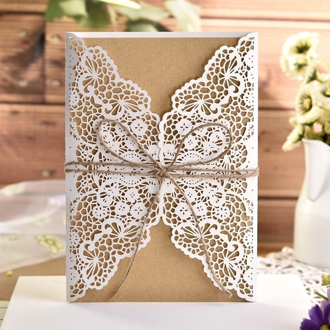 Laser Cut Butterfly Wedding Invitation Pearl Paper Invites With Envelopes And Hemp Rope For Ceremony Party Vintage Card