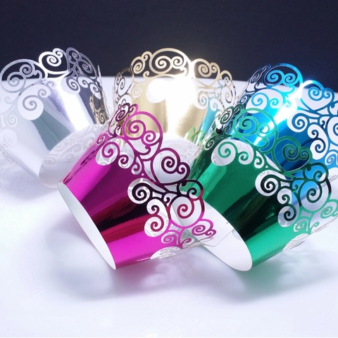 European Laser Cut Pearlescent Paper Cupcake Wrappers Hollow Scrollwork Border For Wedding Party Cake Dessert Table Decorations